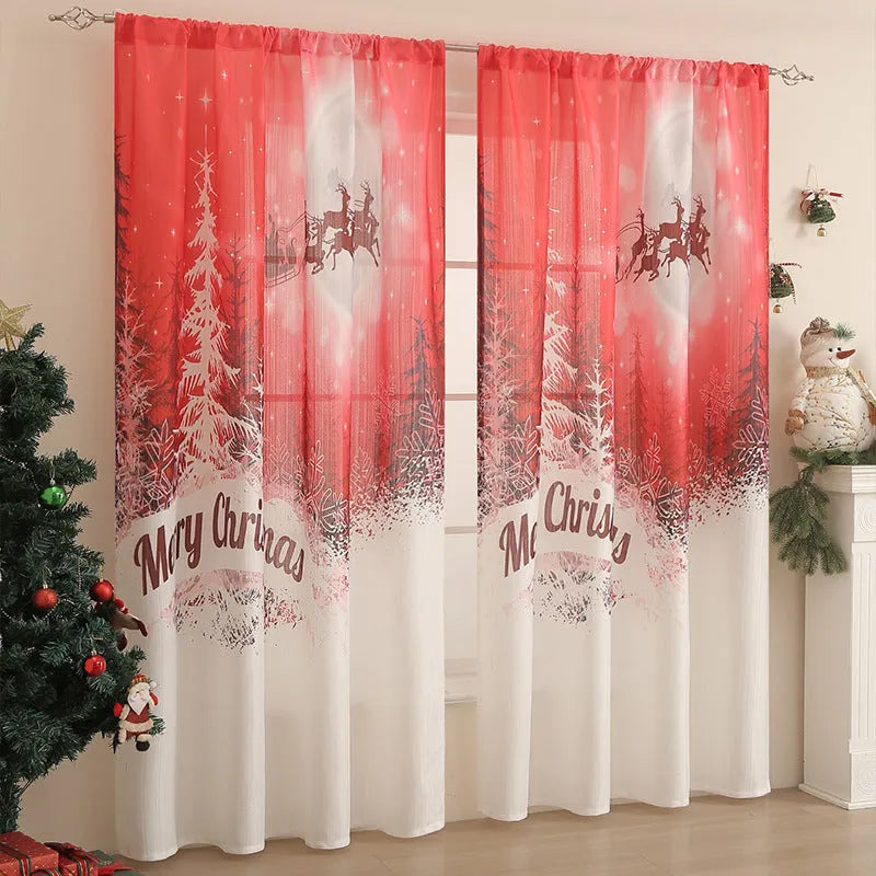 American-style rectangular Christmas printed polyester curtain showing red plaid design with semi-sunshade function