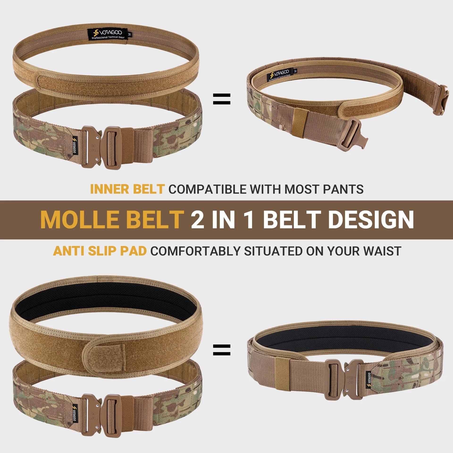 VOTAGOO tactical belt with quick-release alloy buckle in CP camouflage, black or grey-brown
