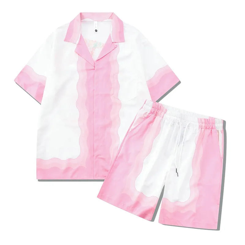 Plaid print short-sleeve shirt and trouser beach outfit set on a mannequin