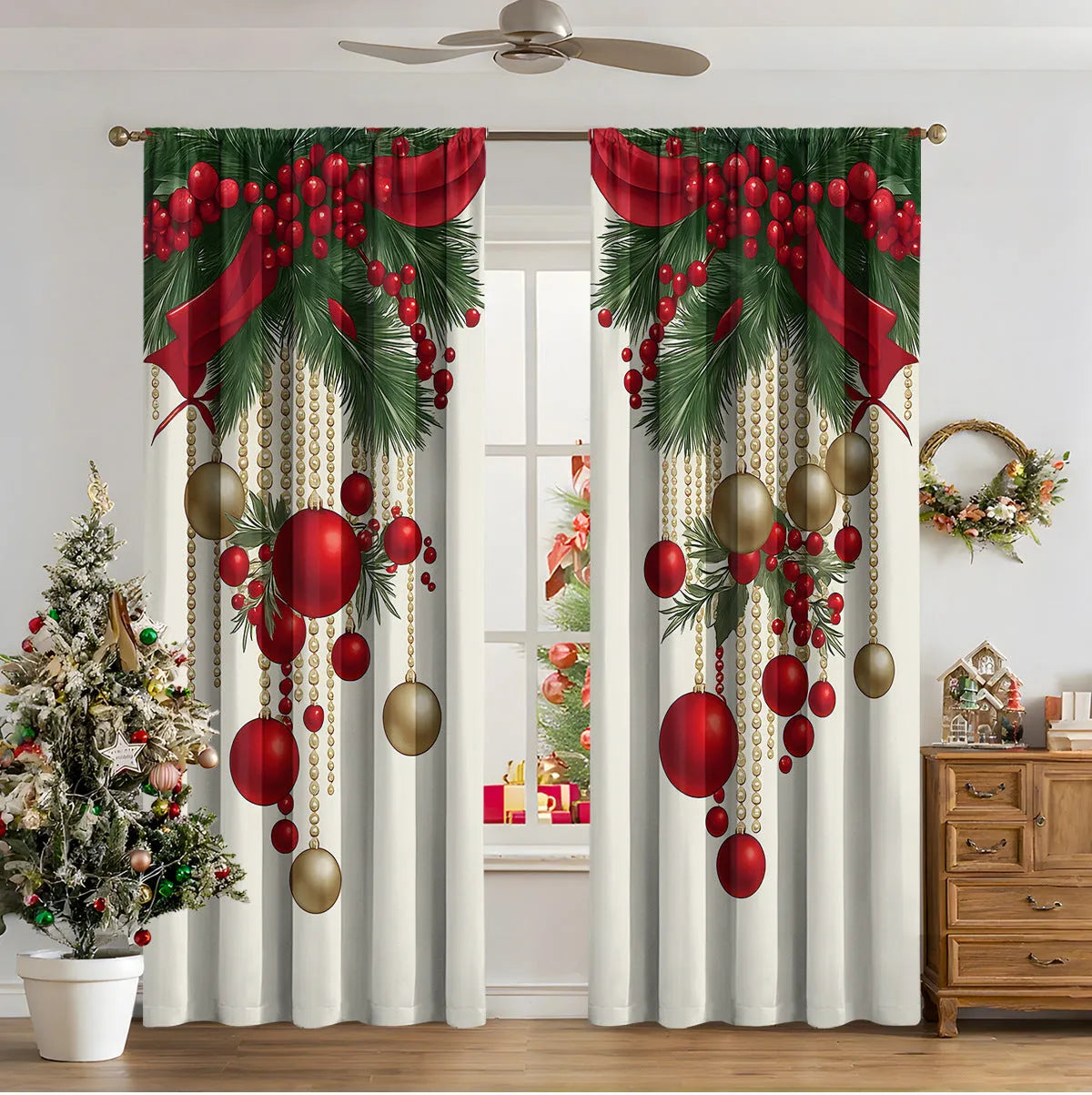 A pair of 3D digitally printed Christmas curtains with a modern festive pattern, hung on a window.