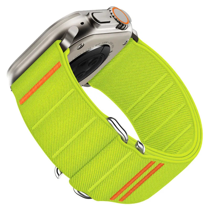 Elastic nylon Apple Watch replacement band with stainless steel buckle shown in multiple colour options.