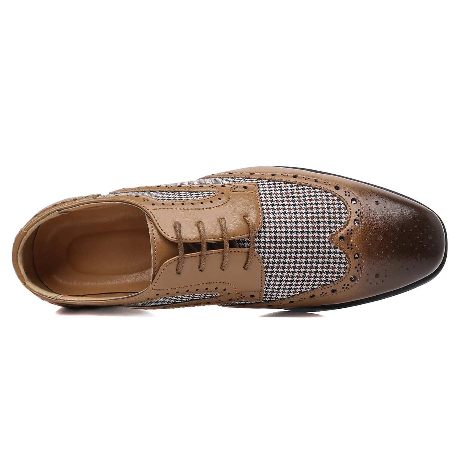 Imitation houndstooth plaid men's casual leather shoes with square toe and lace-up design