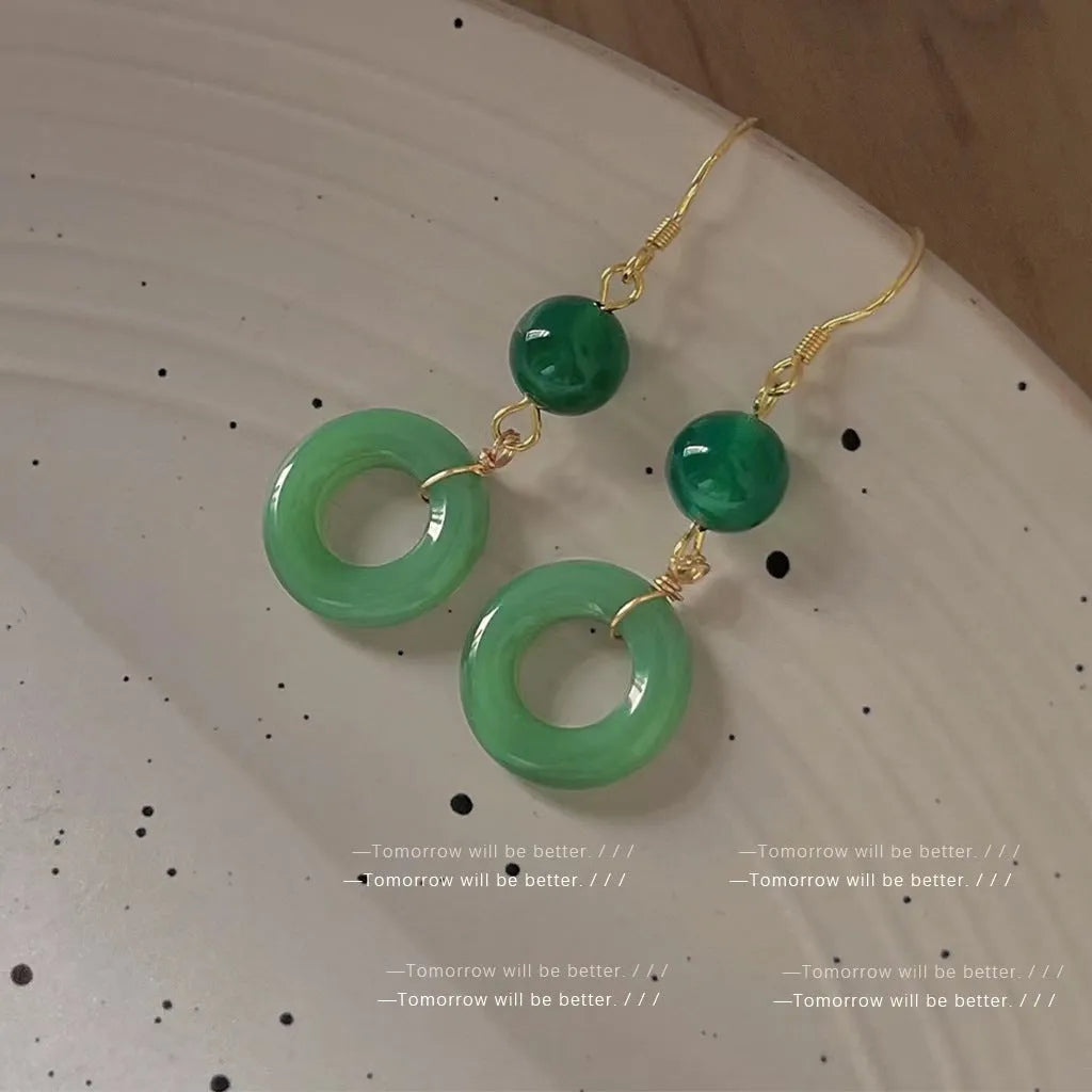 Green Chinese style cheongsam peace buckle design geometric earrings with zinc alloy construction