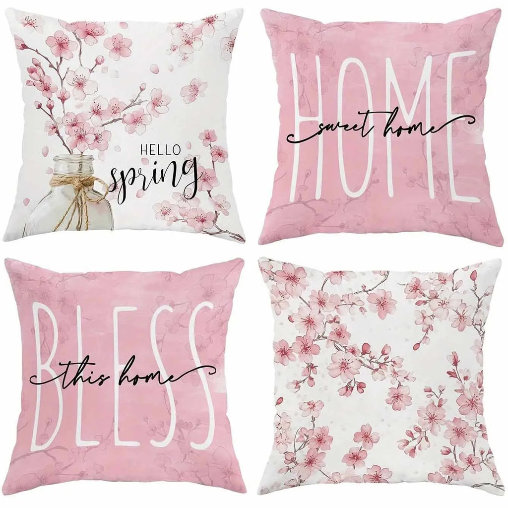 Square cherry blossom letter patterned cushion cover on a sofa, short velvet fabric.