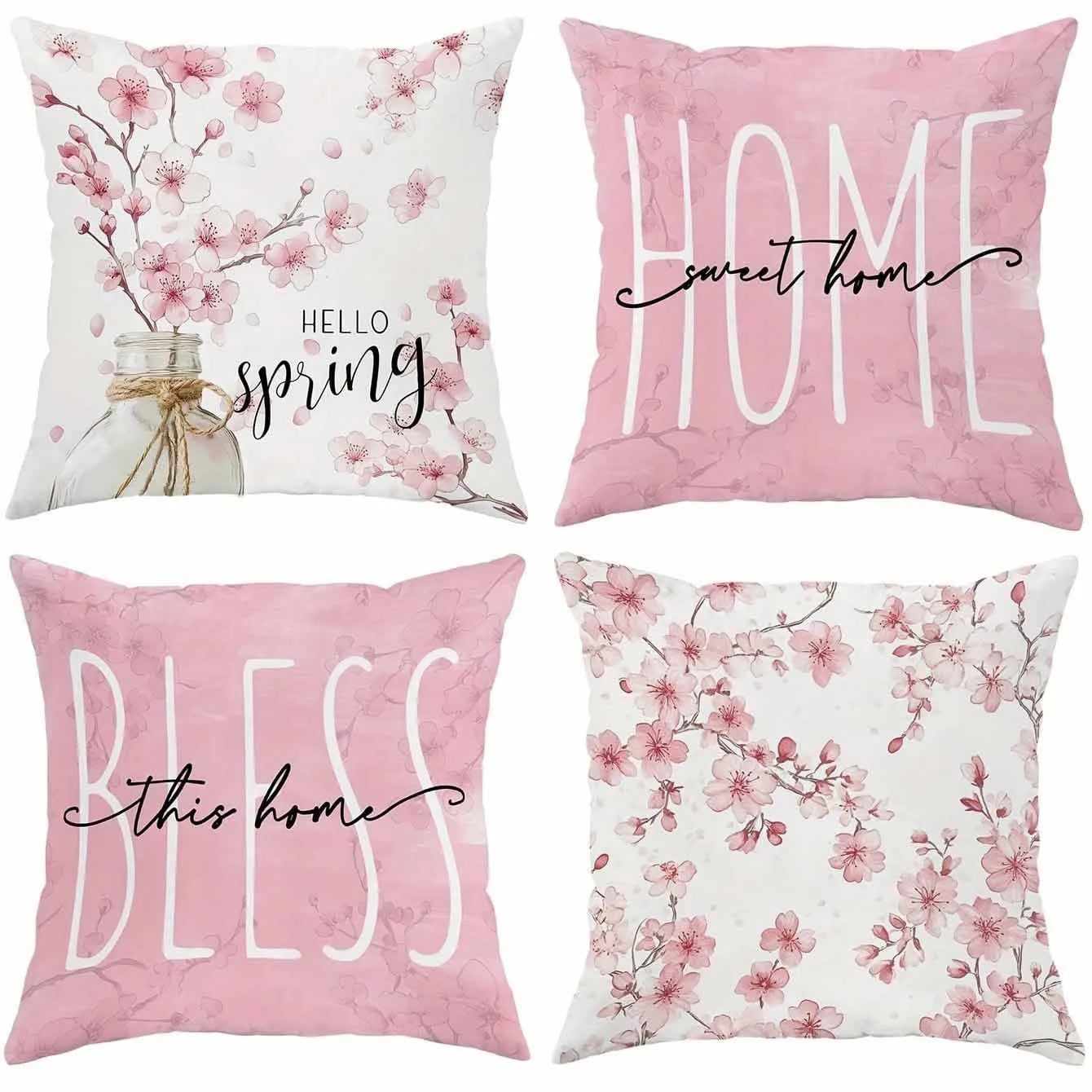 Square cherry blossom letter patterned cushion cover on a sofa, short velvet fabric.