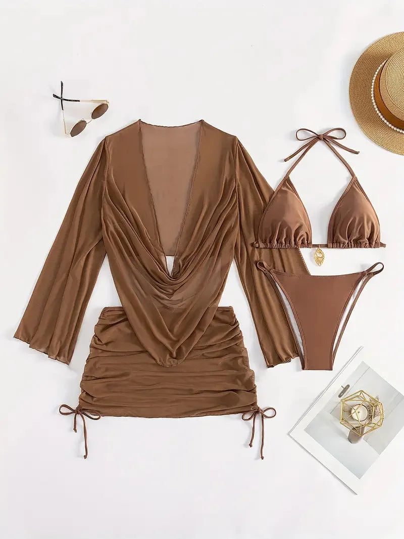 Women's lace-up backless swimsuit bikini in dark brown or black nylon spandex fabric