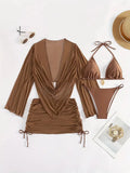 Women's lace-up backless swimsuit bikini in dark brown or black nylon spandex fabric