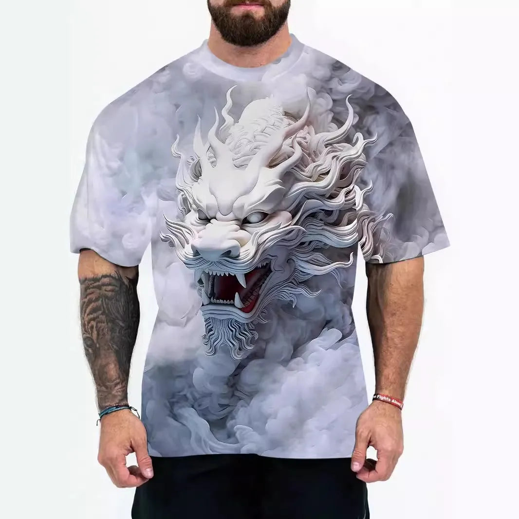 Men's loose fit graphic t-shirt with short sleeves in coloured letters design on a hanger.