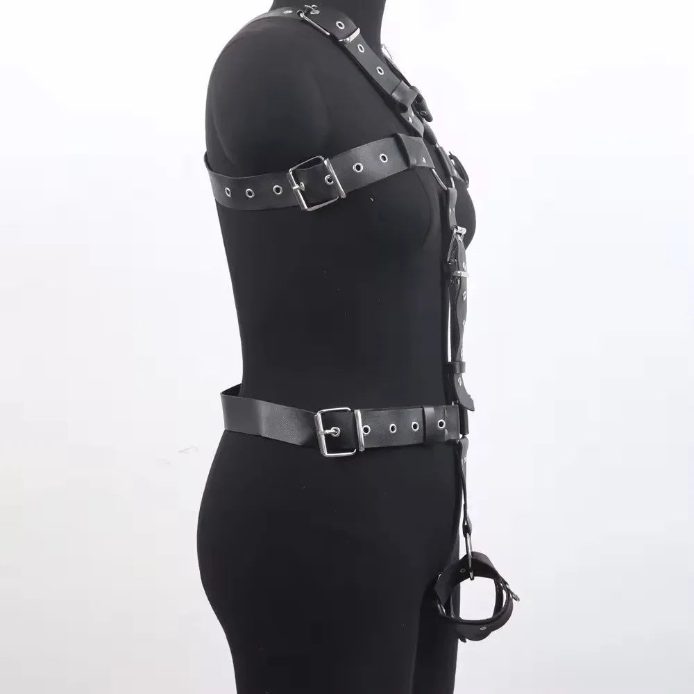 Black imitation leather corset belt with a slim profile and pin buckle fastening