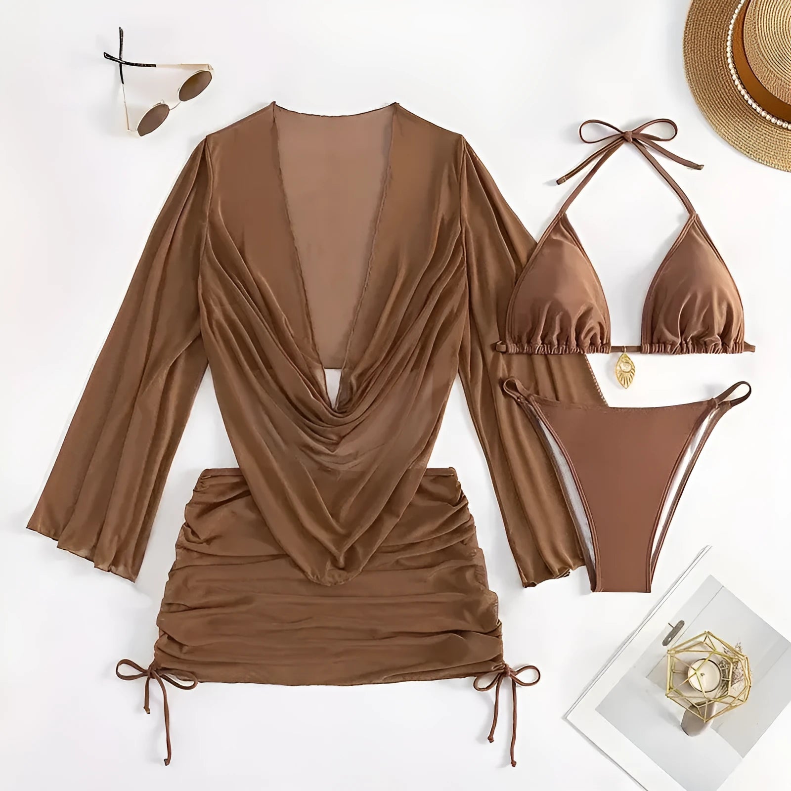 Women's lace-up backless swimsuit bikini in dark brown or black nylon spandex fabric