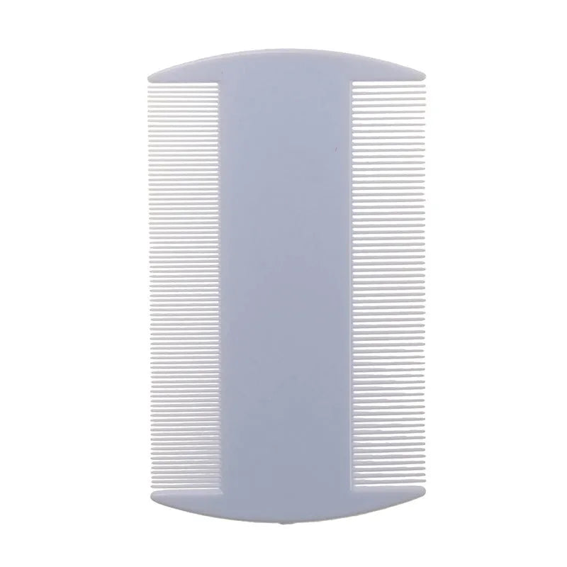 Double-edged fine-toothed plastic flea and lice comb measuring 8cm by 7.5cm
