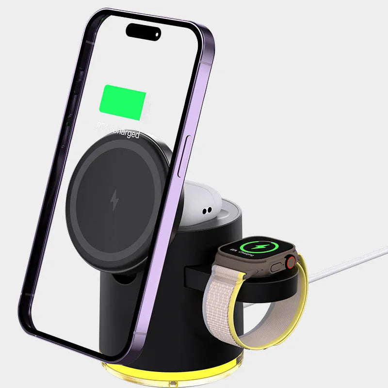 C16 Magnetic Three-in-one Wireless Folding Charger in Black or Ivory White, shown open for charging and folded for portability.
