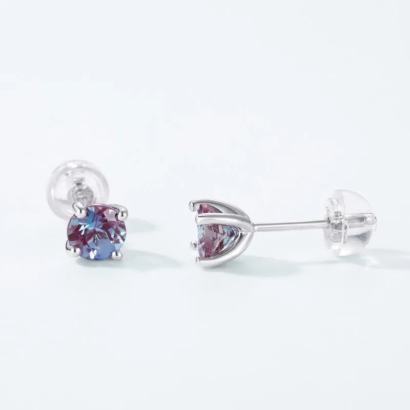 925 silver ear studs with cultivated Alexandrite stone in geometric round setting