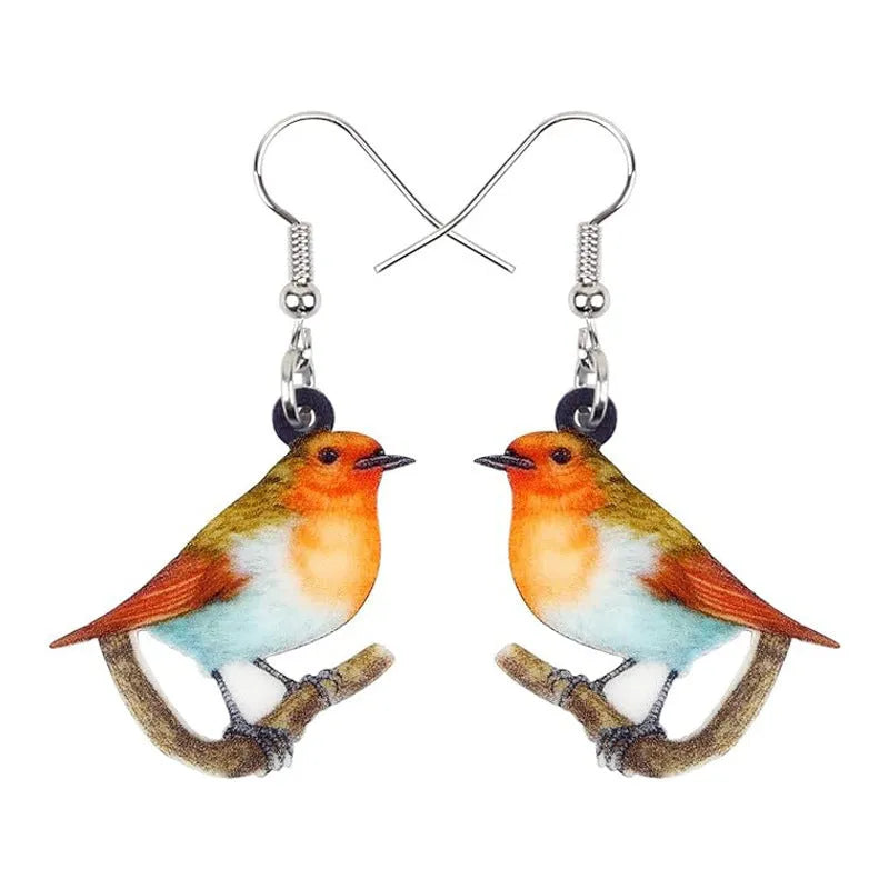 Acrylic blue titmouse pendant earrings with snake charm detail and printed animal design