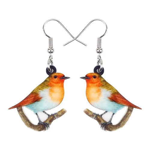 Acrylic blue titmouse pendant earrings with snake charm detail and printed animal design