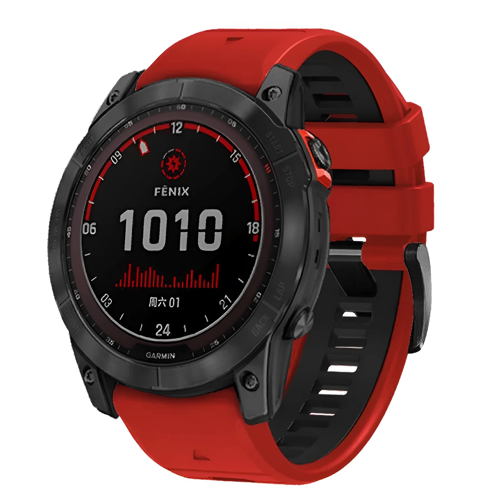 Two-tone quick release silicone watch strap for Garmin Fenix watches in 22mm and 26mm widths.