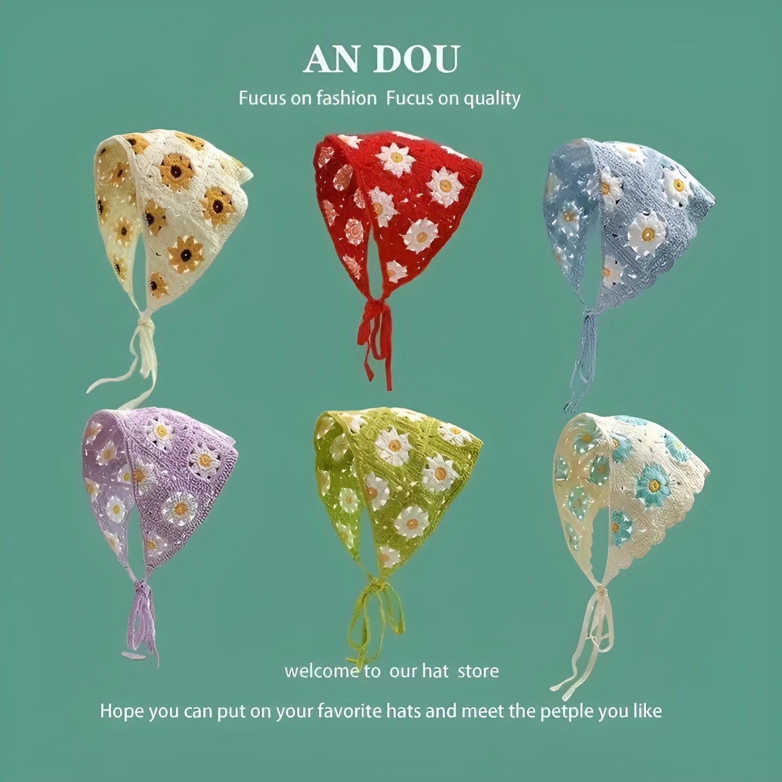 Women's cotton triangle headscarf with floral pattern in French retro style