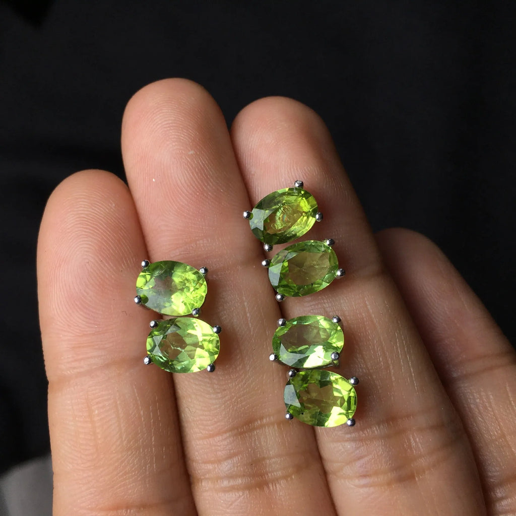 Natural olivine faceted stud earrings in S925 silver with grass green 6×8mm stone