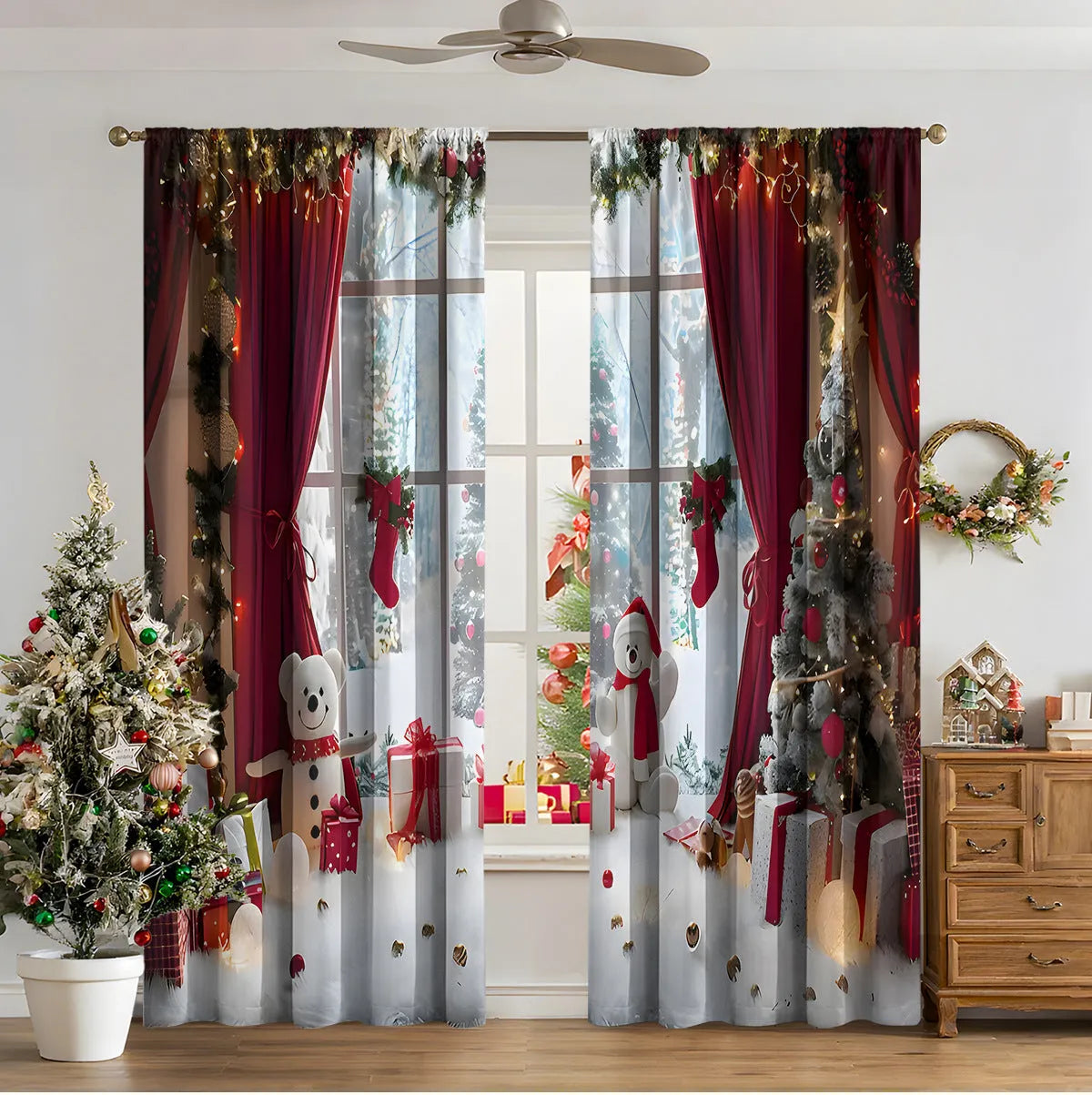 A pair of 3D digitally printed Christmas curtains with a modern festive pattern, hung on a window.