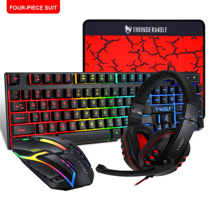 Thunder Wolf gaming keyboard and mouse set with headset and mouse pad bundle