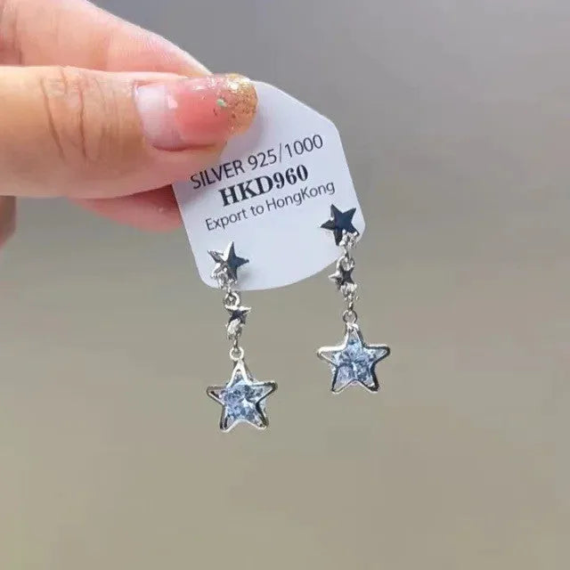 Geometric alloy earrings with rhinestone accents and little star tassel design for women