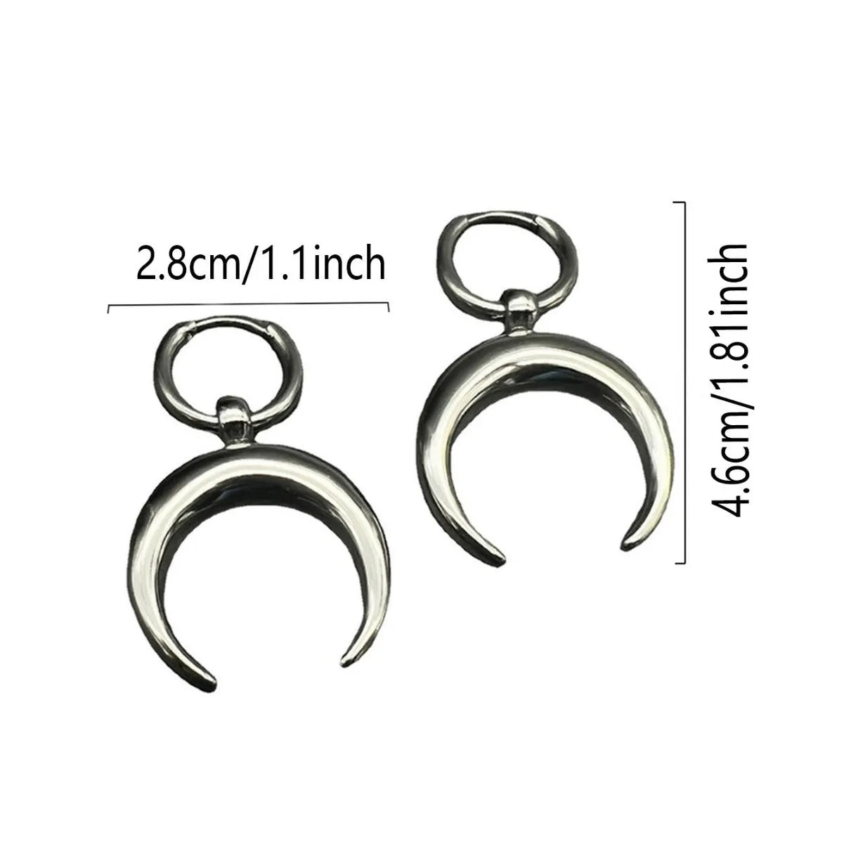 Silver geometric big hoop clip-on earrings with moon design in gothic punk style