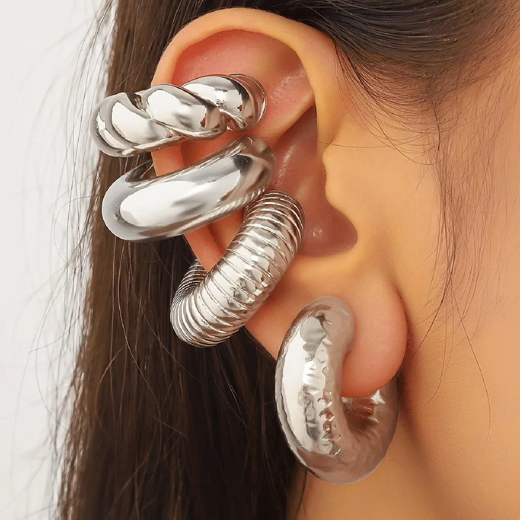 Geometric clip-on earrings set in gold and silver colours for women without pierced ears