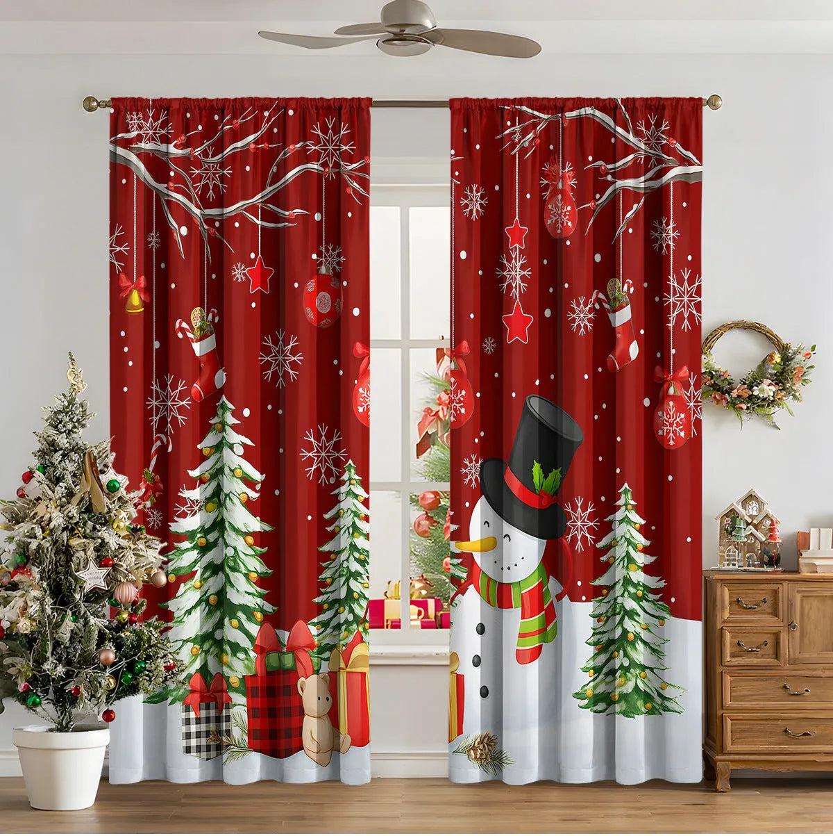 A pair of 3D digitally printed Christmas curtains with a modern festive pattern, hung on a window.