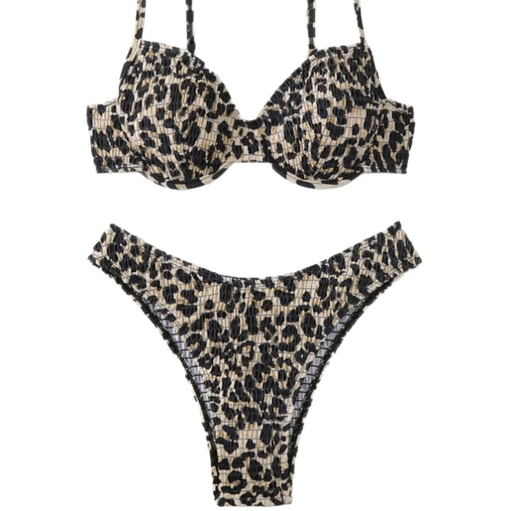 Leopard point backless bikini swimsuit in brown and red mixed colours, sizes S M L
