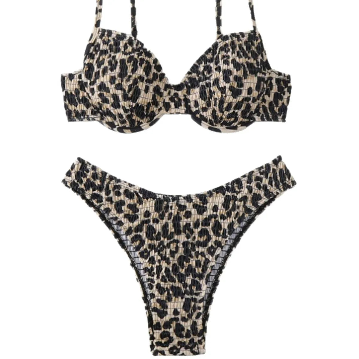 Leopard point backless bikini swimsuit in brown and red mixed colours, sizes S M L