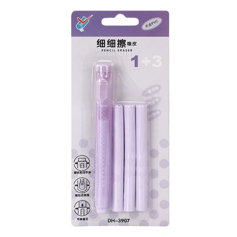 Children's automatic push eraser in four colour options showing compact 12x8cm size