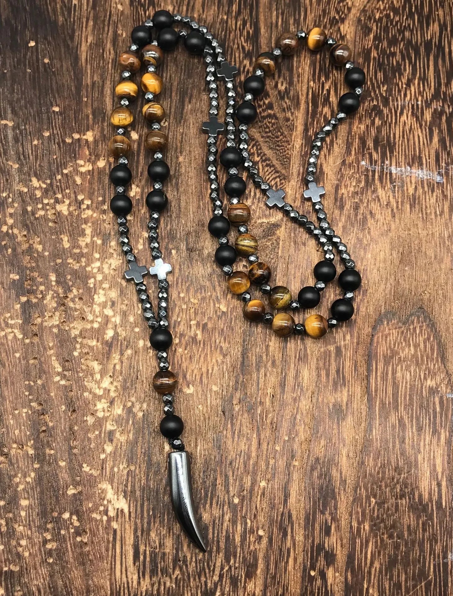 Men's stone cross pendant necklace on an 80cm ball bead chain with a safety lock.