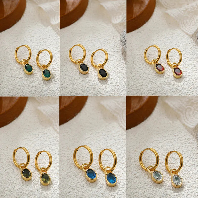 Women's retro-style oval zircon earrings in copper, showing multiple colour options.