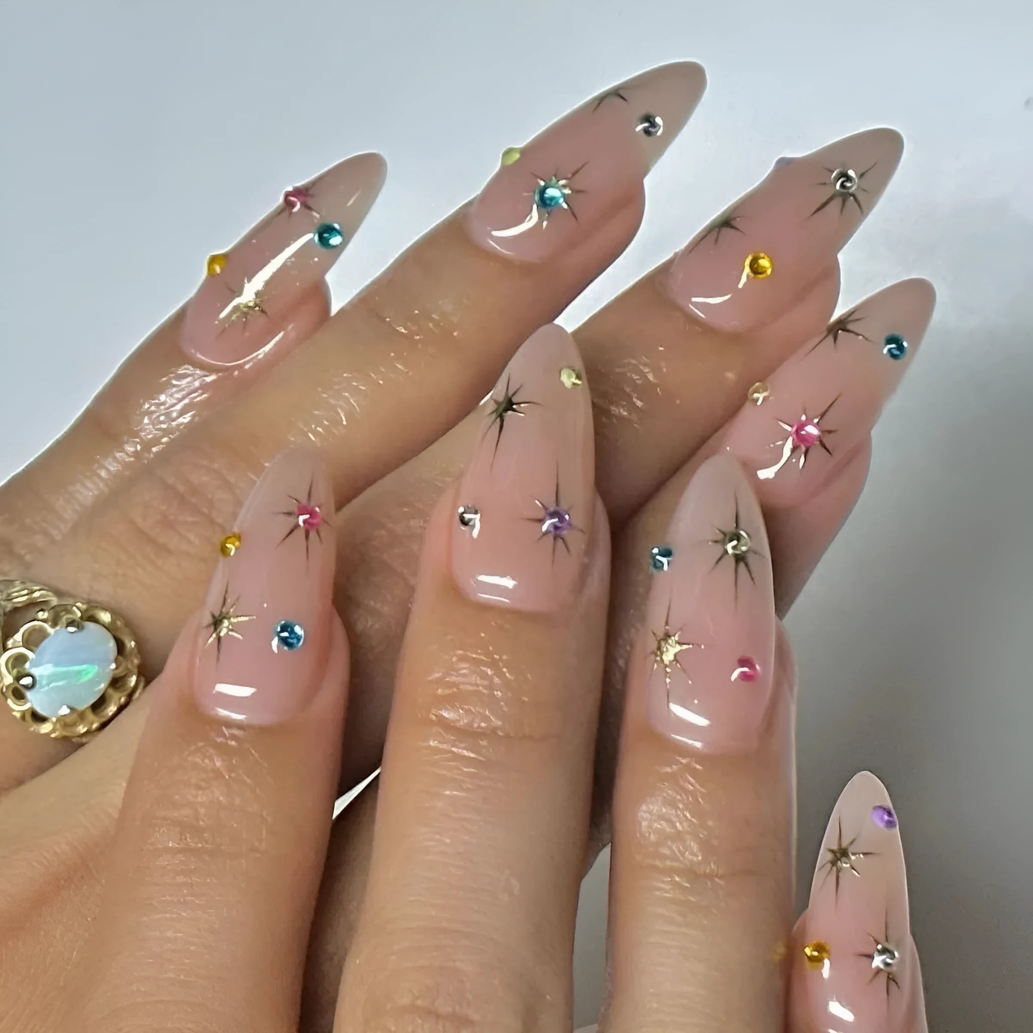 Women's press-on fingernails set 24 pieces starry sky pattern drop shape BW92 with jelly glue