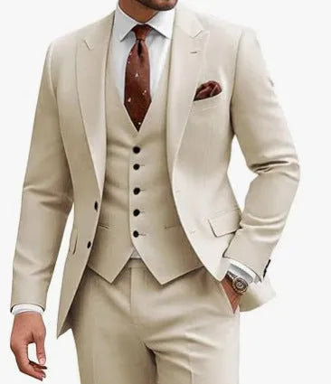 Men's slim fit three-piece suit in chemical fibre blend fabric available in multiple colours with Asian sizing