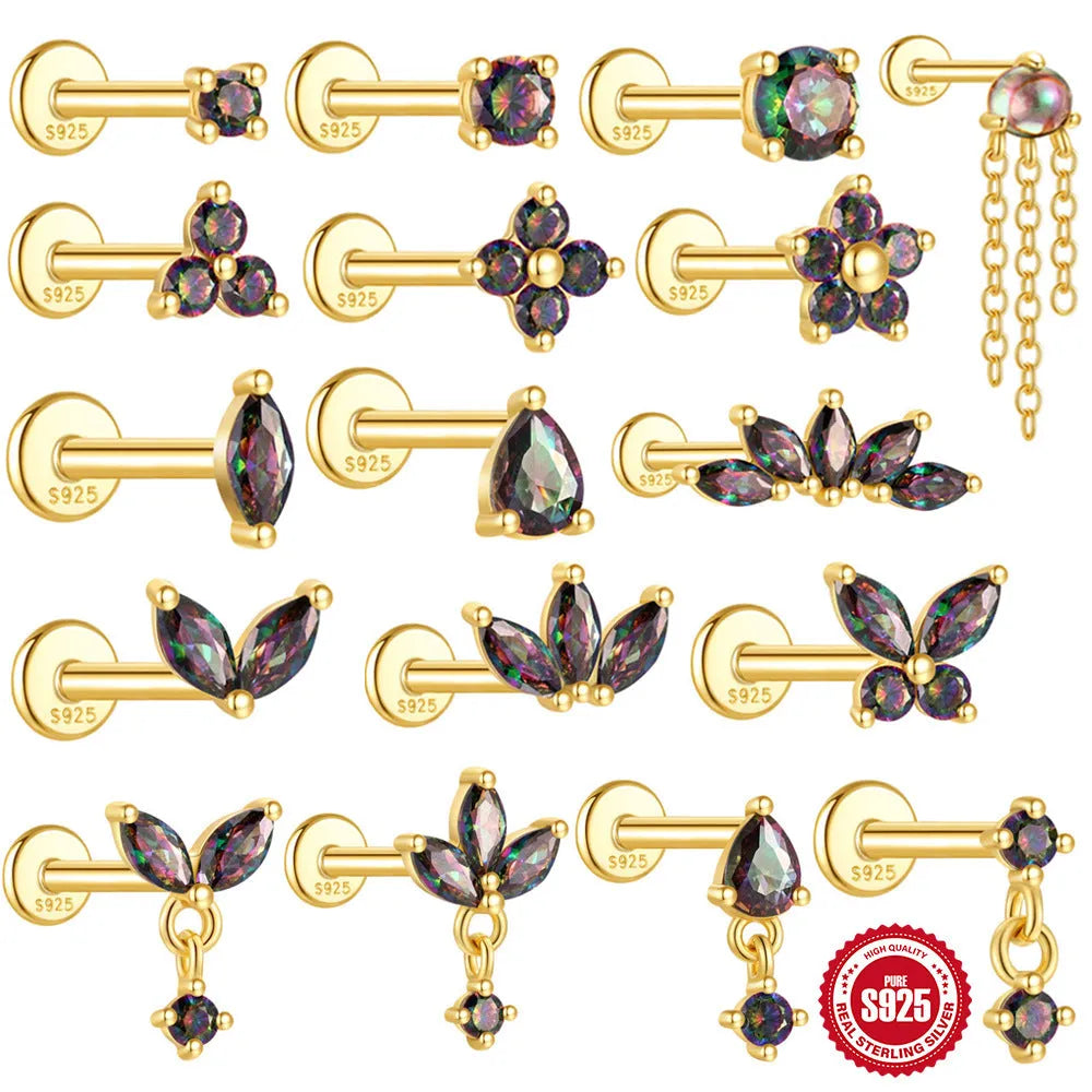 S925 sterling silver flat head thread piercing earring with a rainbow stone in a geometric shape.