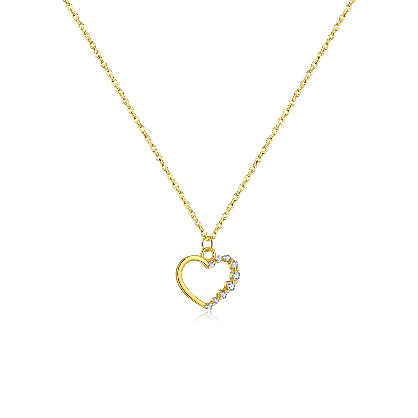 S925 sterling silver hollow heart necklace on a model, showing white gold and 18K gold plated finish options.