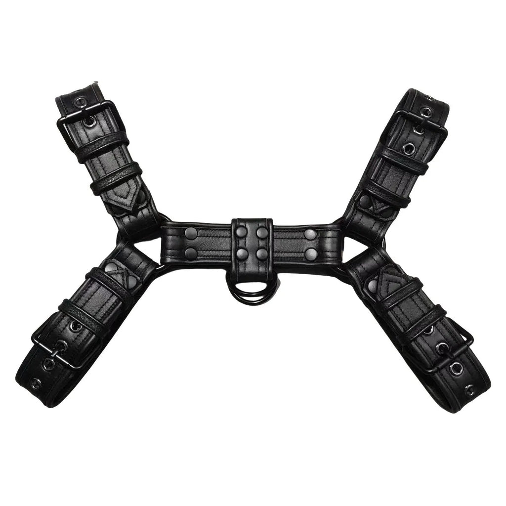 Black leather chest muscle bondage strap with metal buckle and adjustable shoulder design