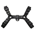 Black leather chest muscle bondage strap with metal buckle and adjustable shoulder design
