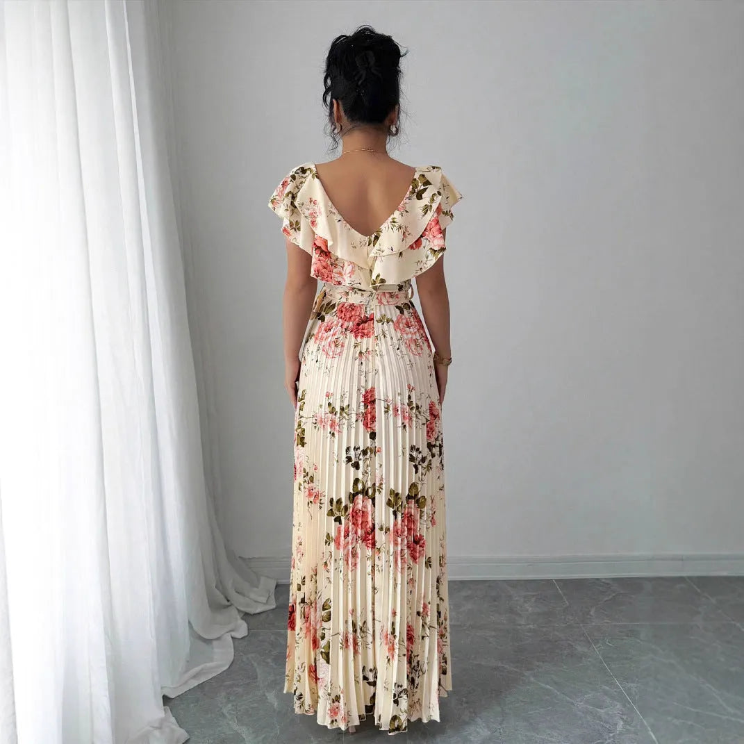 Apricot floral print women's dress with V-neck, ruffled sleeves, high waist, and long swing skirt