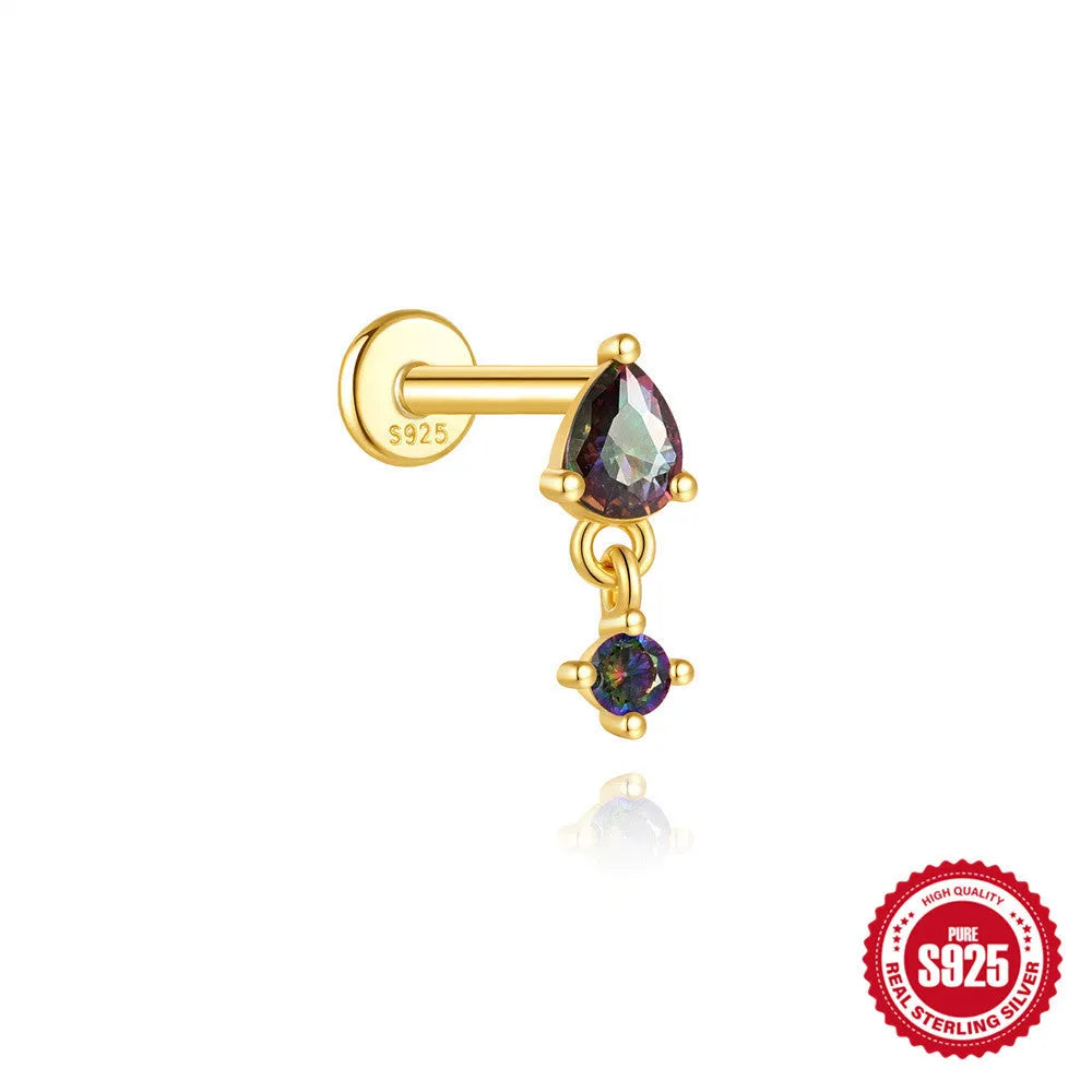 S925 sterling silver flat head thread piercing earring with a rainbow stone in a geometric shape.