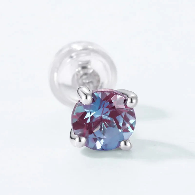 925 silver ear studs with cultivated Alexandrite stone in geometric round setting