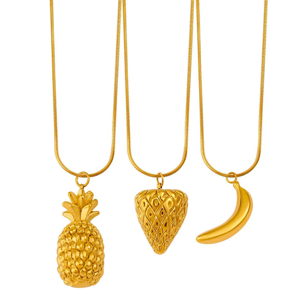 Stainless steel fruit necklace pendant with regular chain, showing fruit charm options