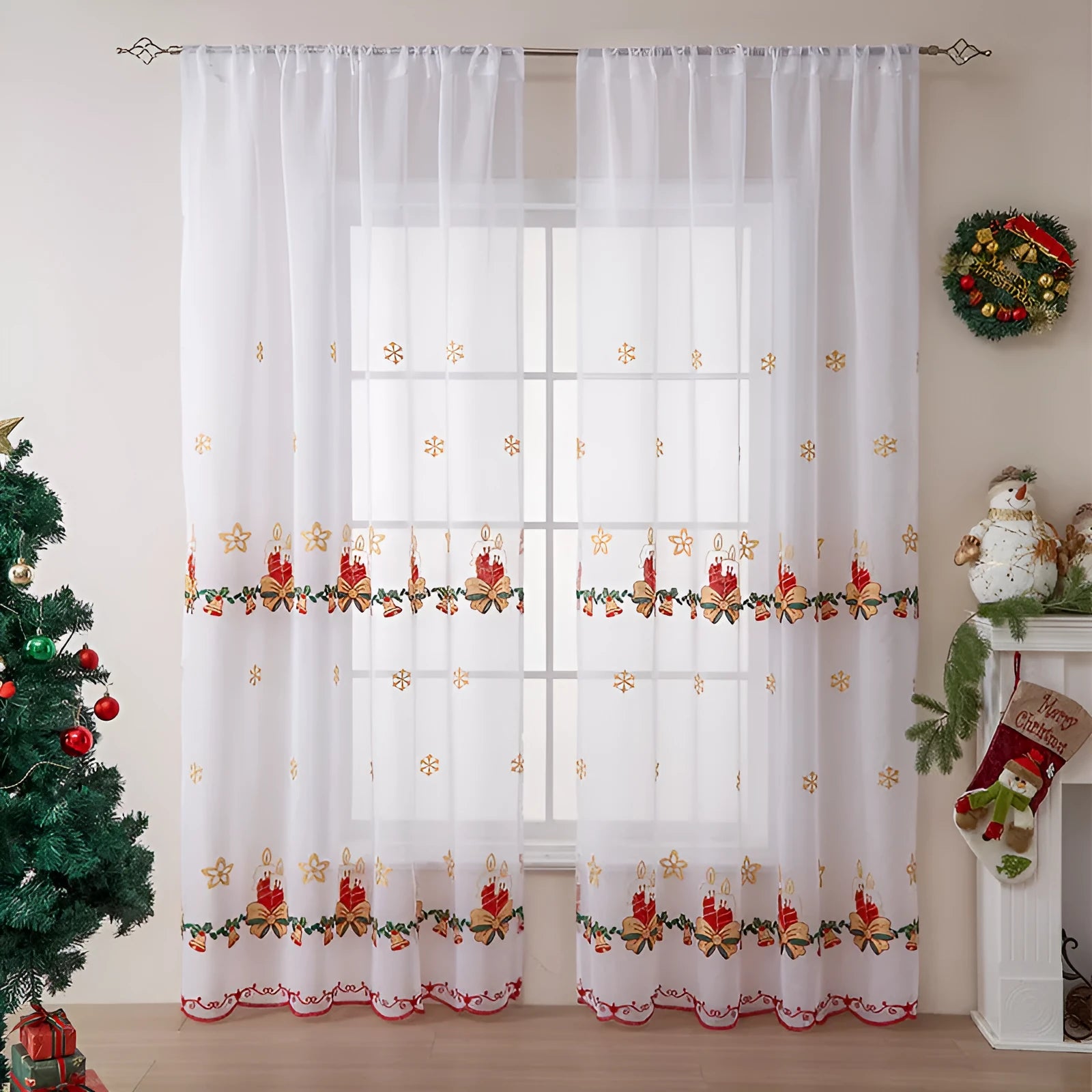 Pair of American-style Christmas curtains with white snowflake embroidery on red polyester fabric.