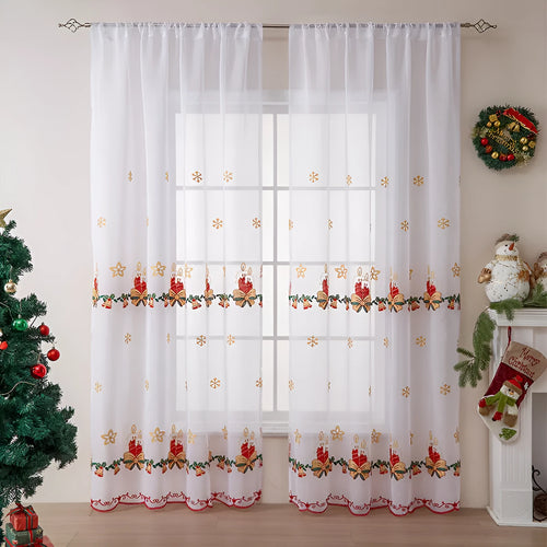 Pair of American-style Christmas curtains with white snowflake embroidery on red polyester fabric.