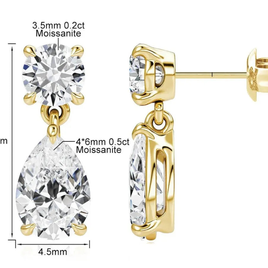 Sterling silver moissanite stud earrings with round and water drop stones