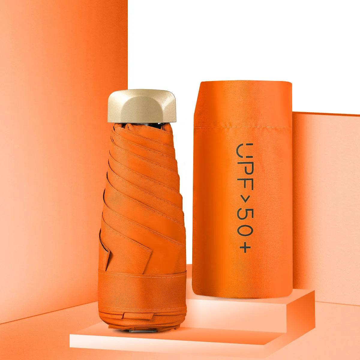 Closed five-fold mini pocket sun umbrella showing compact size and rubber handle