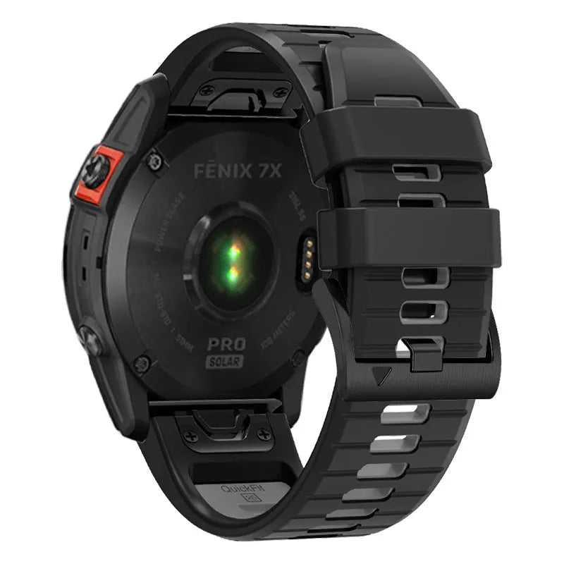 Two-tone quick release silicone watch strap for Garmin Fenix watches in 22mm and 26mm widths.