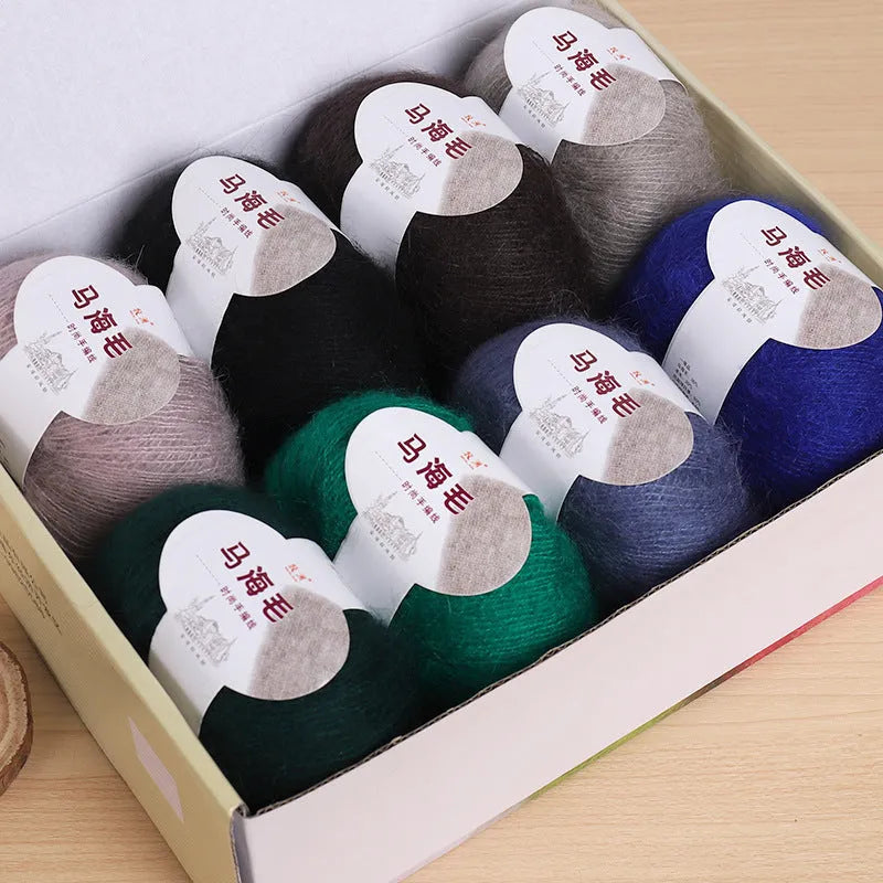 Mohair wool ball for DIY scarf kit with 34 colour options including white, grey, pink and blue