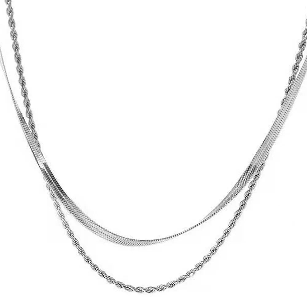 Retro geometric double-layer twist necklace with snake bones chain and adjustable length